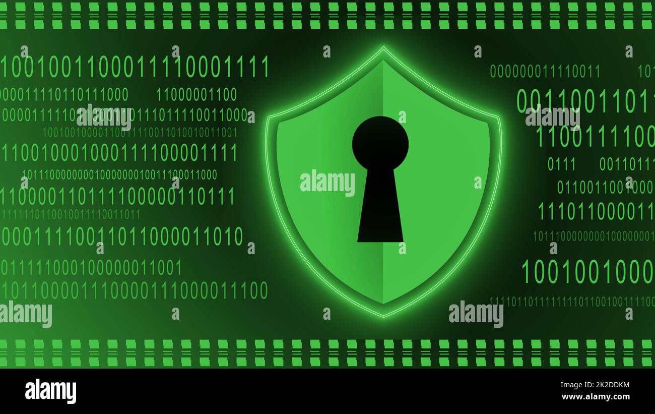 Schützendes Shield-Element auf binärem Code-Hintergrund – grünes Bannerdesign – Netzwerkkonzept für Dateninternettechnologie Stockfoto