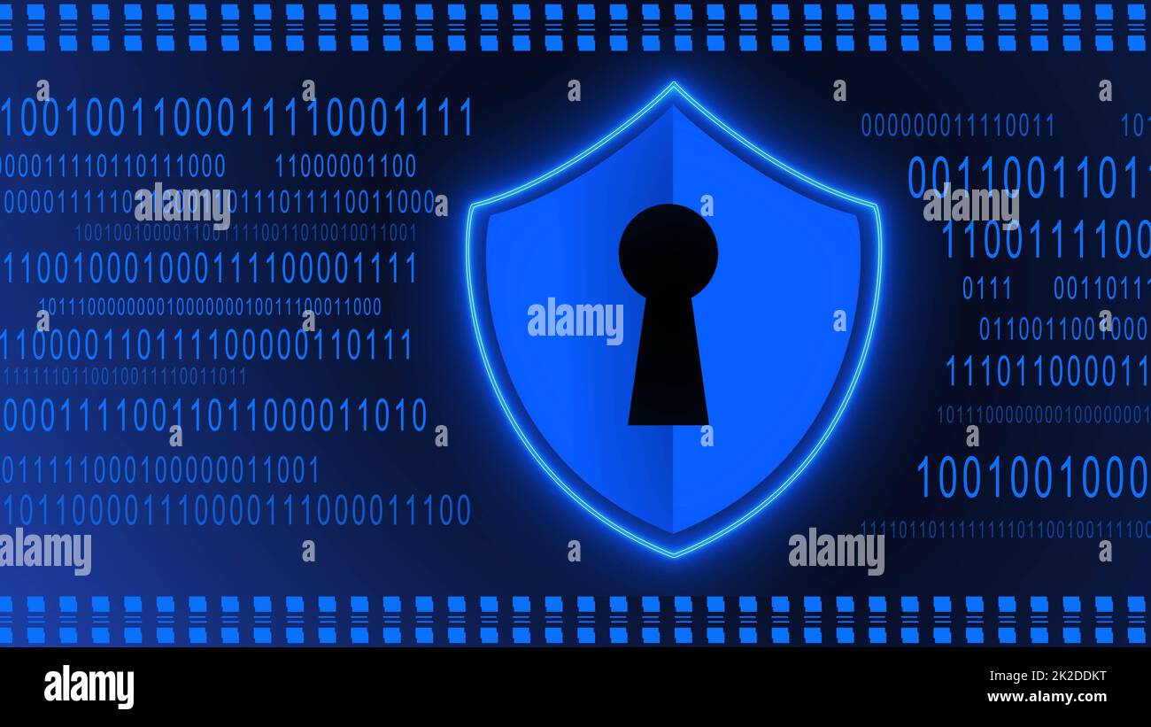Schützendes Shield-Element auf binärem Code-Hintergrund – blaues Bannerdesign – Netzwerkkonzept für Dateninternettechnologie Stockfoto