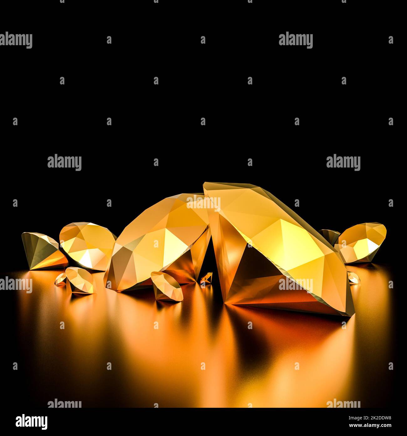 Metallische Golddiamanten auf schwarzem Hintergrund. Stockfoto