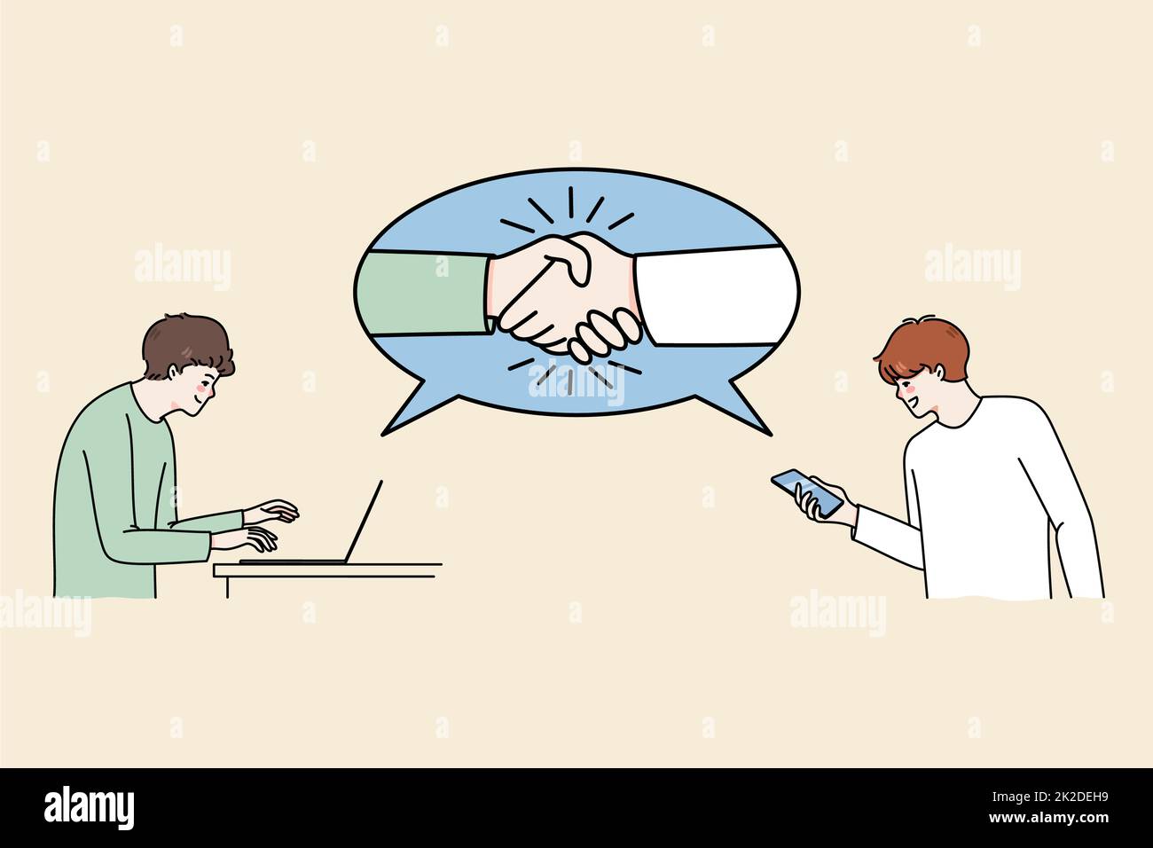 Geschäftsleute geben sich die Hand und arbeiten online Stockfoto