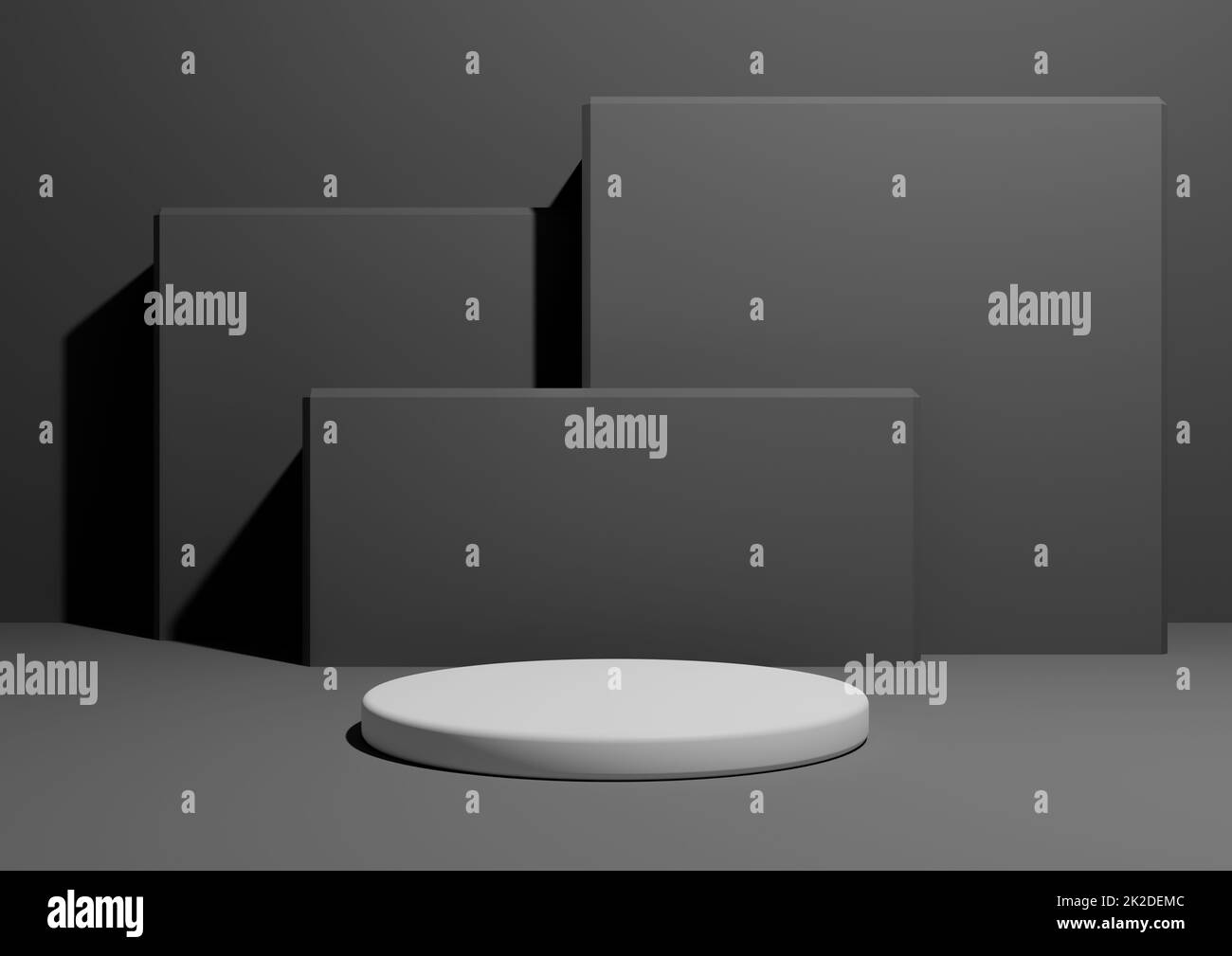Dunkles Graphitgrau, Schwarz-Weiß, 3D-Darstellung eines einfachen, minimalen Produktanzeigehintergrunds mit einem Podium oder Ständer und geometrischen quadratischen Formen im Hintergrund. Stockfoto
