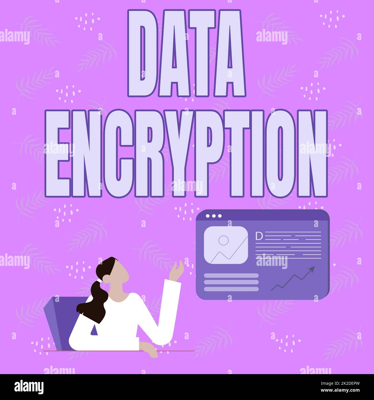 Text mit Inspirationsdatenverschlüsselung. Geschäftsansatz Symmetrickey-Algorithmus für die Verschlüsselung elektronischer Daten Linienzeichnung für Lady Sitting Präsentation neuer Ideen mit Webbrowser-Bildschirm Stockfoto