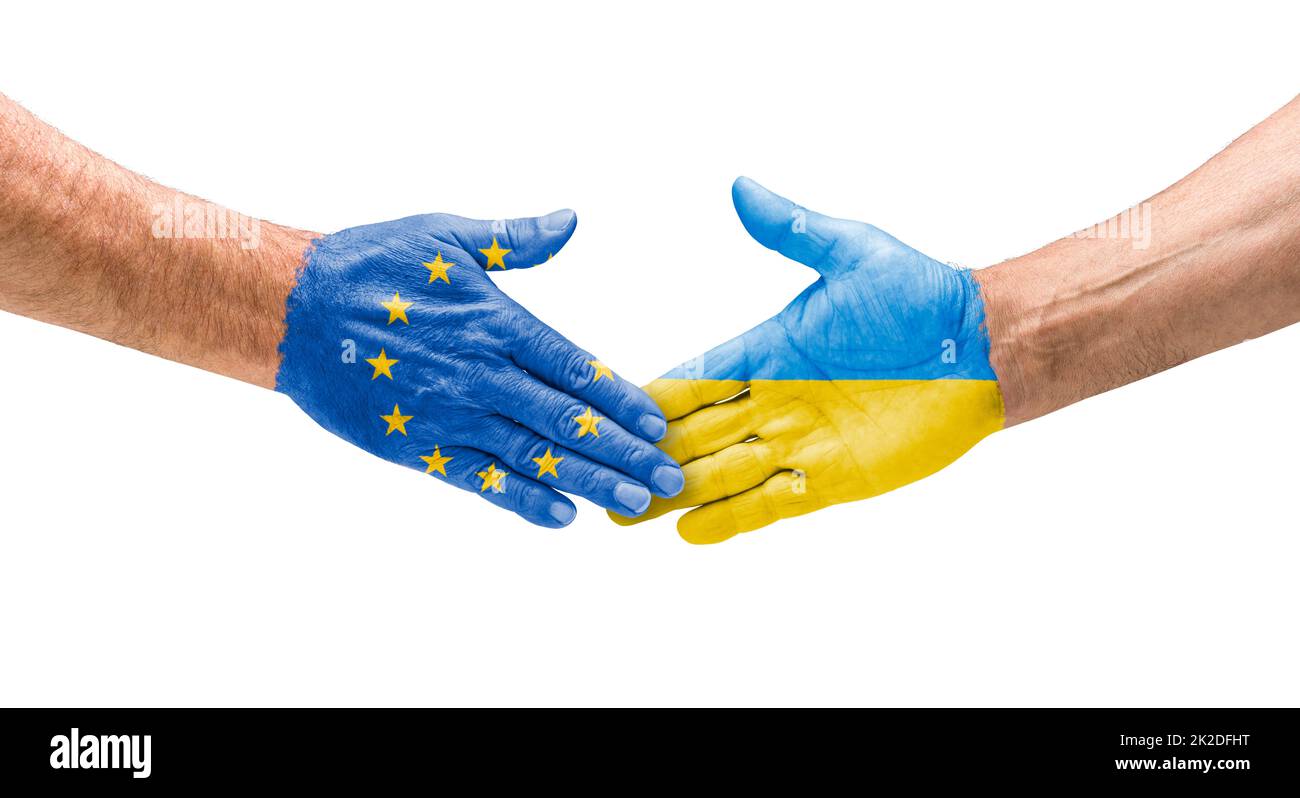 Handschlag zwischen der Europäischen Union und der Ukraine Stockfoto