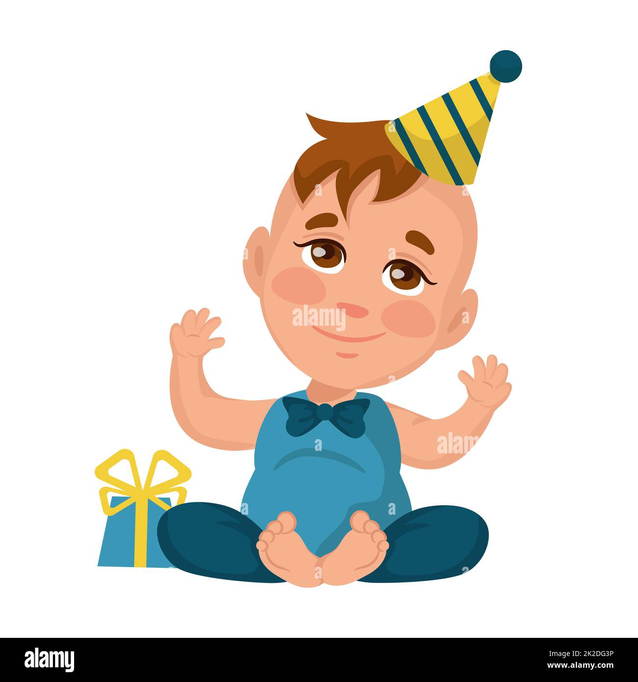 Der kleine Junge freut sich mit einem Geburtstagsgeschenk, isoliert auf weißem Hintergrund - Vektor Stockfoto