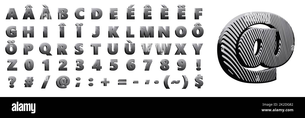 Metallbuchstaben Halbtonlinien Art Retro Comic Alphabet Vektortext Großbuchstaben mit fremdsprachigen Akzenten und Symbolen Stockfoto