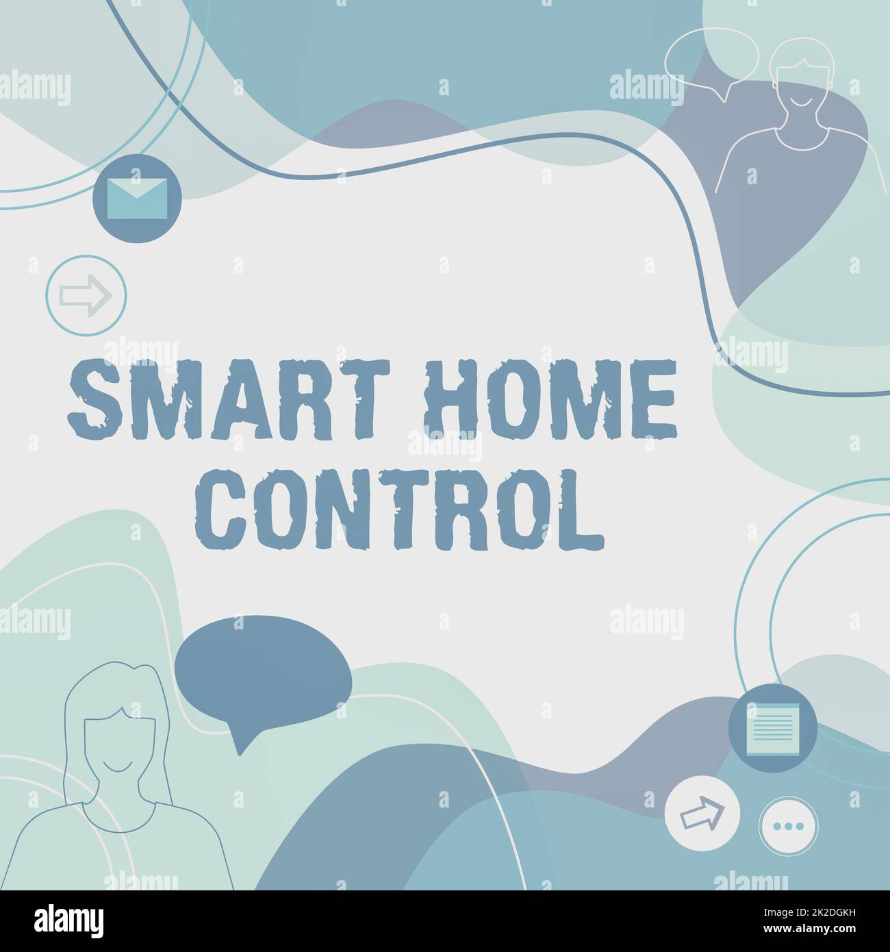 Konzeptunterschrift Smart Home Control. Business Showcase bietet Besitzern Sicherheit Komfort und Energieeffizienz Illustration Ehepaar spricht in Chat Cloud Nachrichten austauschen. Stockfoto