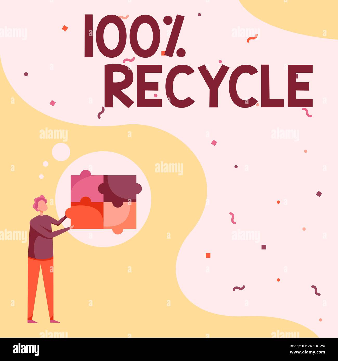 Handgeschriebenes Schild 100 Prozent recyceln. Der Business Showcase enthält zu 100 % aus wiederaufbereitetem Material, das man-Drawing-Stehbefestigung und vier Puzzleteile enthält. Stockfoto