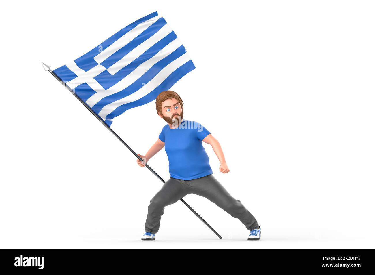 Mann, der stolz die winkende Flagge Griechenlands hält. Isoliert auf weißem Hintergrund. 3D Rendering Stockfoto