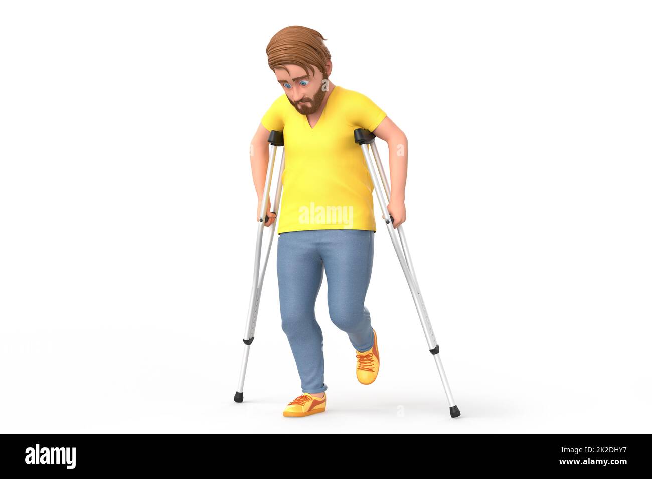 Junger trauriger Mann auf Krücken. 3D Abbildung Stockfoto