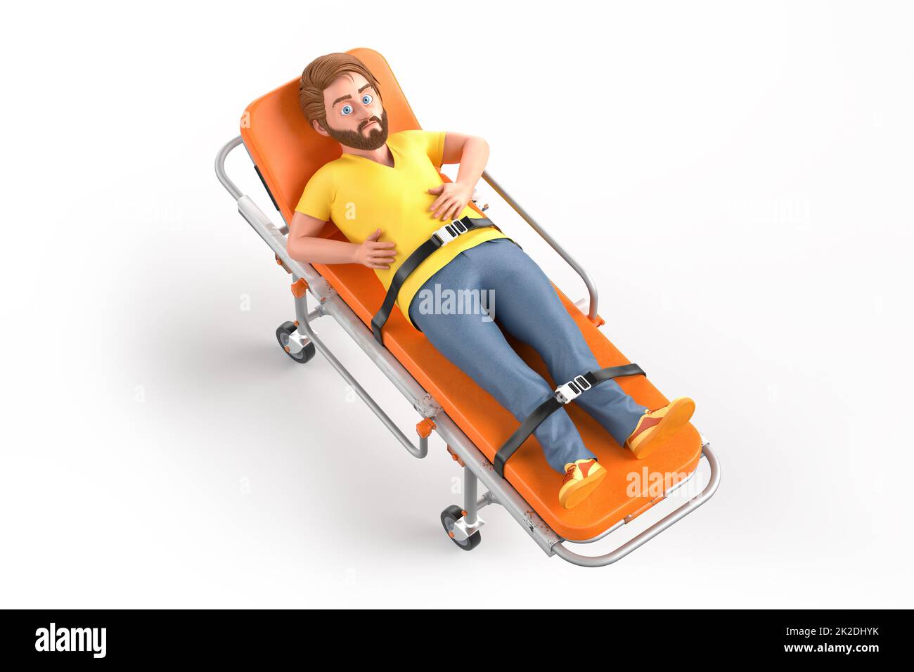Besorgter Mann auf einer Bahre. Gesundheitskonzept. 3D Abbildung Stockfoto