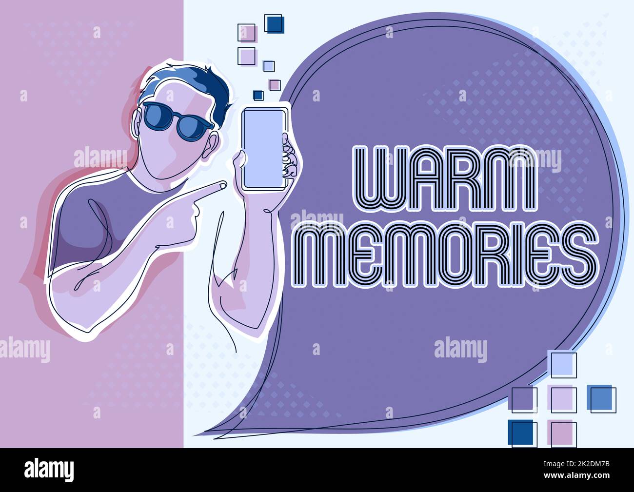 Schreiben Anzeige Text warme Erinnerungen. Business Showcase Warm Memories Line Drawing für Guy Holding Phone präsentiert neue Ideen mit Speech Bubble. Stockfoto