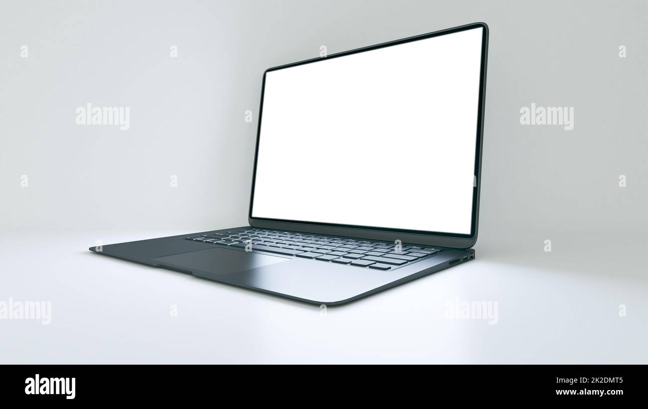Dunkelgraues Aluminiumgehäuse, Laptop-Konzept mit leerem Bildschirm und effektiver 3D-Bodenbeleuchtung Stockfoto