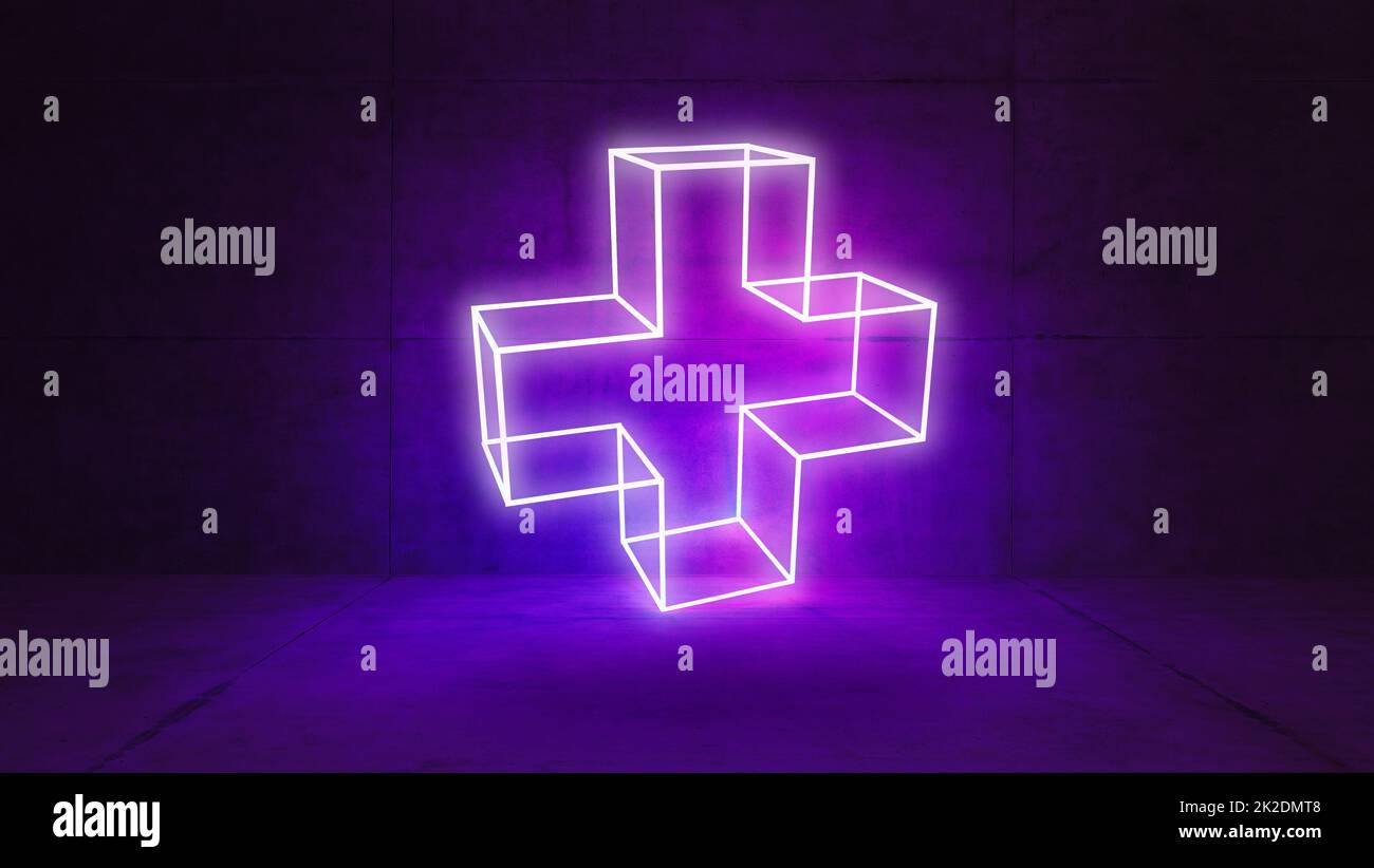Plus-Schild mit Neonlicht in Betonwand- und -Bodenraum, 3D-Darstellung Stockfoto