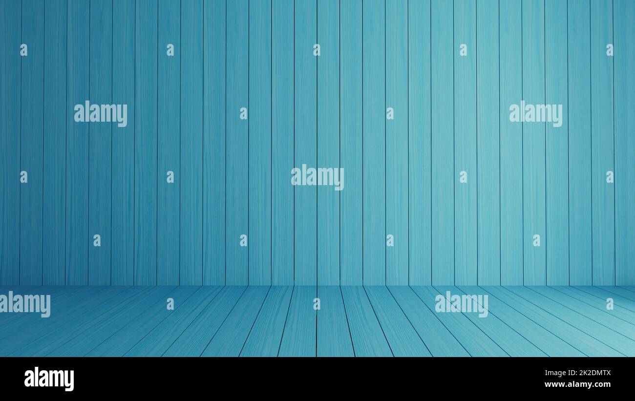 Blaues 3D-Rendering mit Holzboden- und Wandtextur im Hintergrund Stockfoto