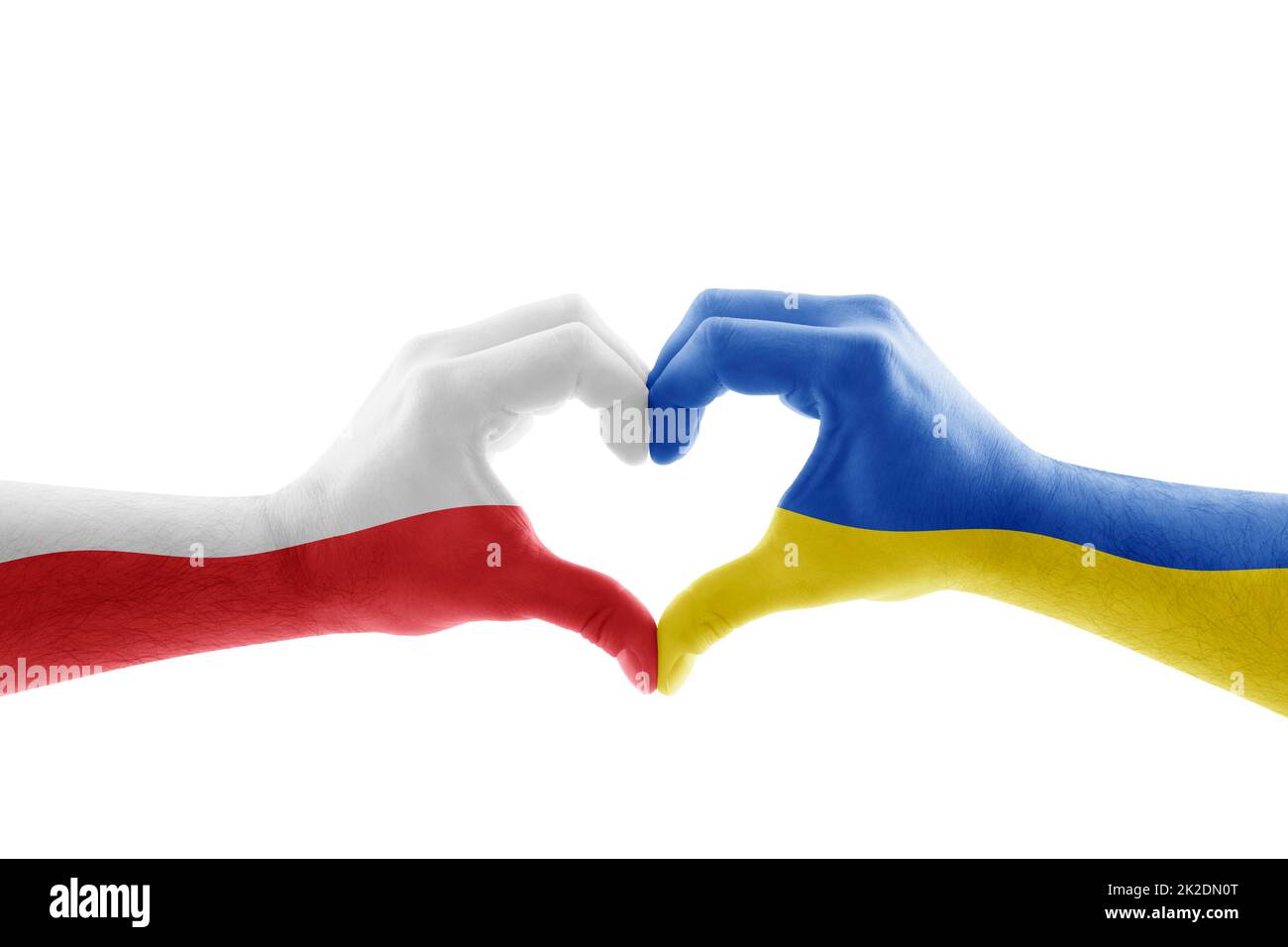Zwei Hände in Herzform mit polnischer und ukrainischer Flagge isoliert auf weißem Hintergrund Stockfoto
