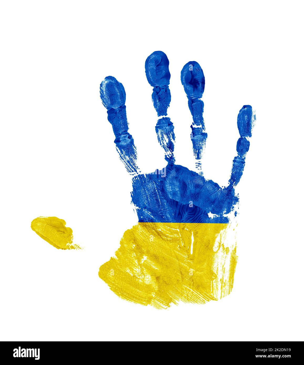 Handdruck mit den Farben der ukrainischen Flagge isoliert auf weißem Hintergrund Stockfoto