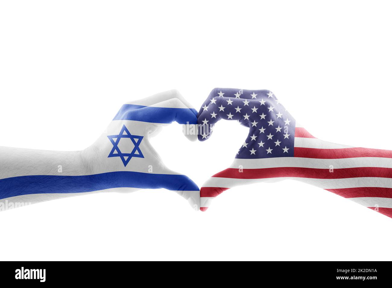 Zwei Hände in Form von Herz mit der Flagge der Vereinigten Staaten und Israels isoliert auf weißem Hintergrund mit einem Pfad Stockfoto