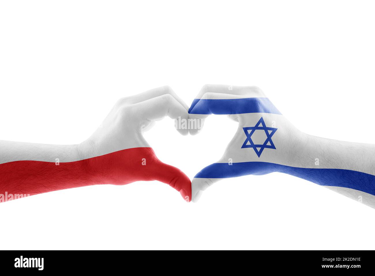 Zwei Hände in Herzform mit polnischer und israelischer Flagge isoliert auf weißem Hintergrund mit Abschneideweg Stockfoto