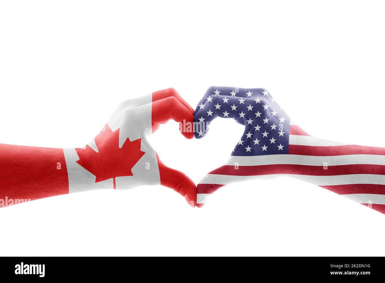 Zwei Hände in Form von Herz mit der Flagge der Vereinigten Staaten und Kanadas isoliert auf weißem Hintergrund mit Beschneidungspfad Stockfoto