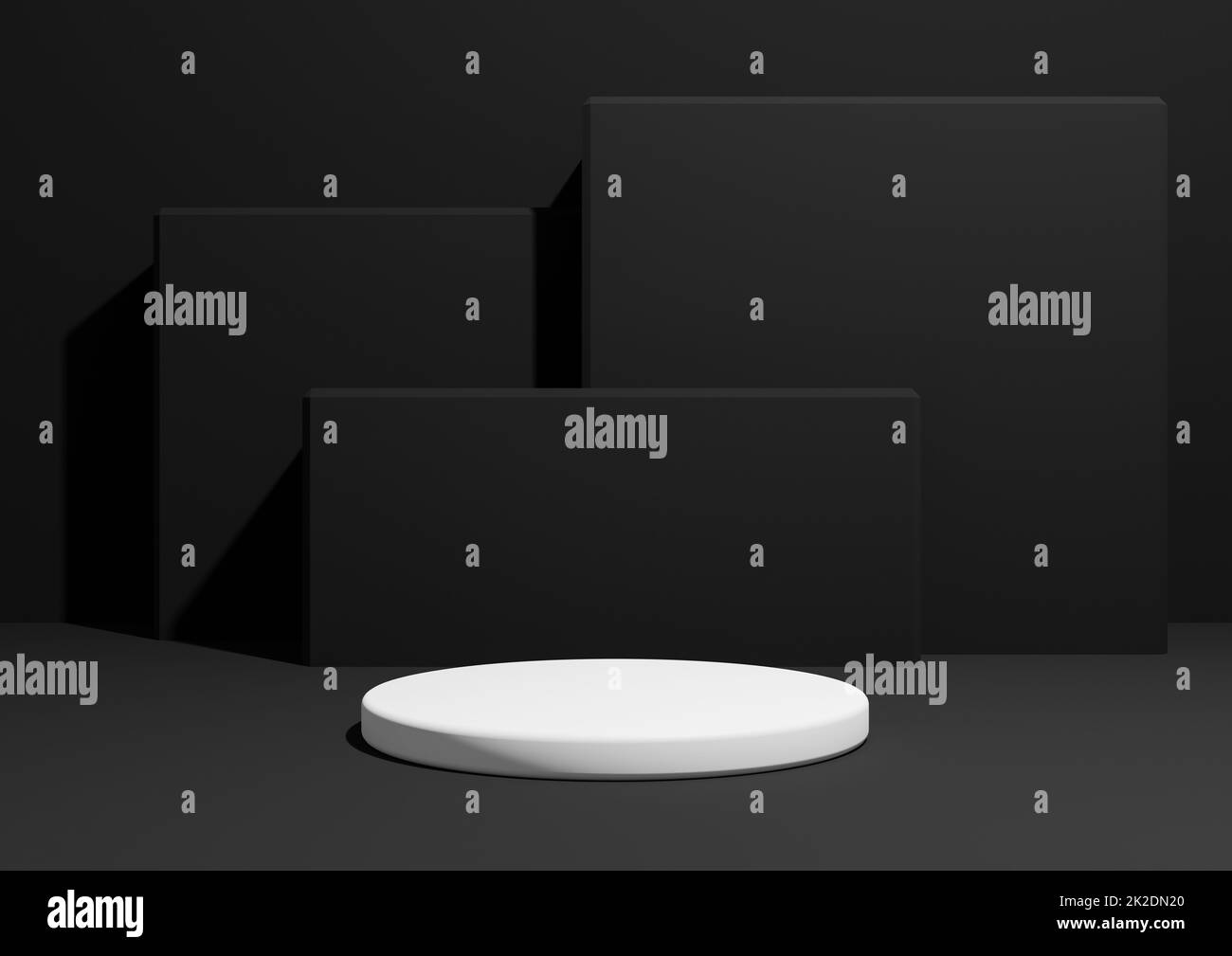 Schwarz, Dunkelgrau, Schwarz und Weiß, 3D-Wiedergabe eines einfachen, minimalen Produktanzeigehintergrunds mit einem Podium oder Standfuß und geometrischen quadratischen Formen im Hintergrund. Stockfoto