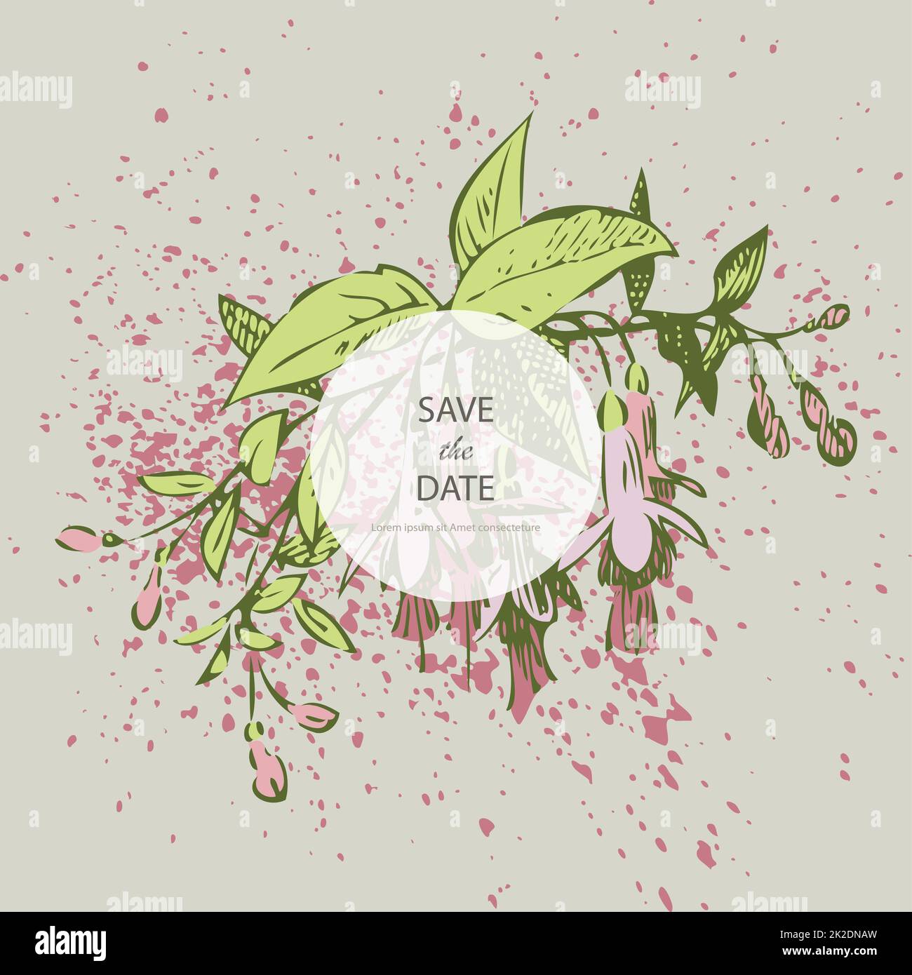 Attraktiv gestaltete Blumen. Gezeichnete Fuchsien-Blumen, künstlerische Vektordarstellung. Schickes Blumenmuster im botanischen Stil, Grafikdesign mit Aquarellspritzern. Dekorativer abstrakter Hintergrund Stockfoto