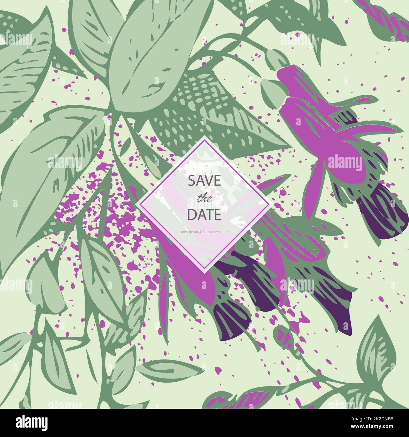 Attraktiv gestaltete Blumen. Gezeichnete Fuchsien-Blumen, künstlerische Vektordarstellung. Schickes Blumenmuster im botanischen Stil, Grafikdesign mit Aquarellspritzern. Dekorativer abstrakter Hintergrund Stockfoto