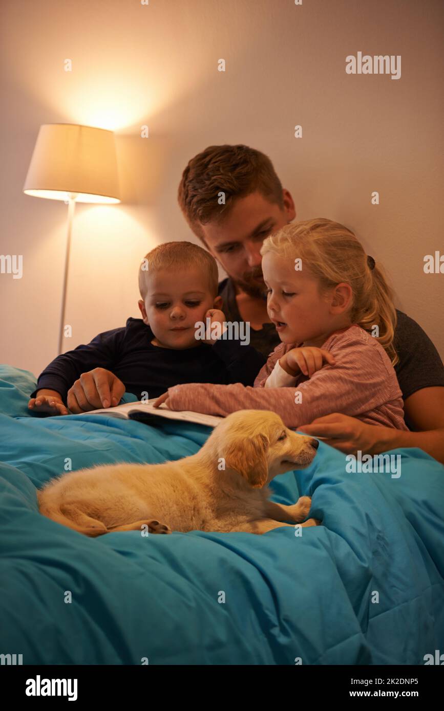 Jeder liebt eine gute Geschichte. Ein Vater, der seinen Kindern eine Schlafenszeit-Geschichte vorliest. Stockfoto