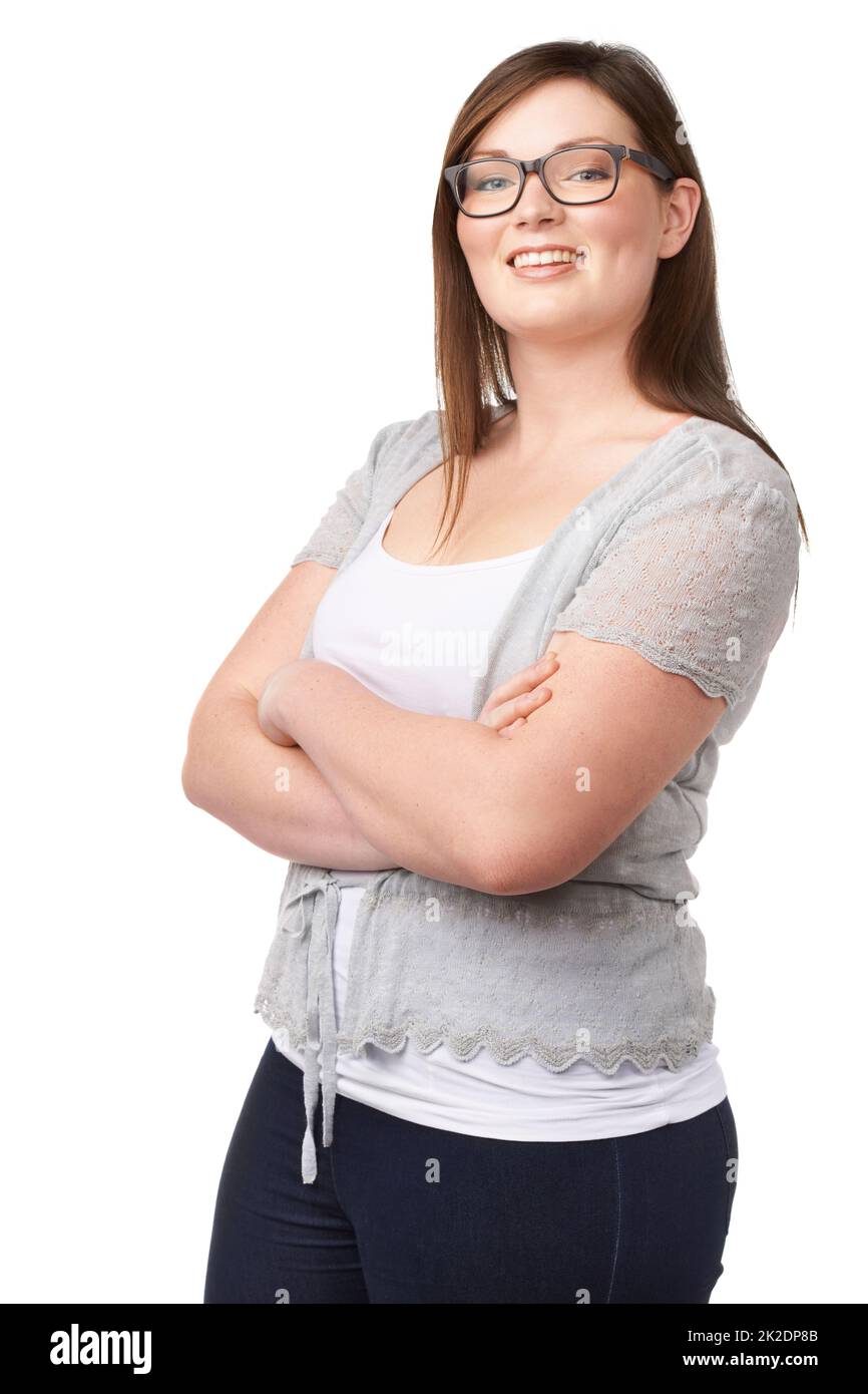 Shes hat so viel Selbstglauben. Aufnahme eines schönen Plus-Size-Modells isoliert auf Weiß. Stockfoto