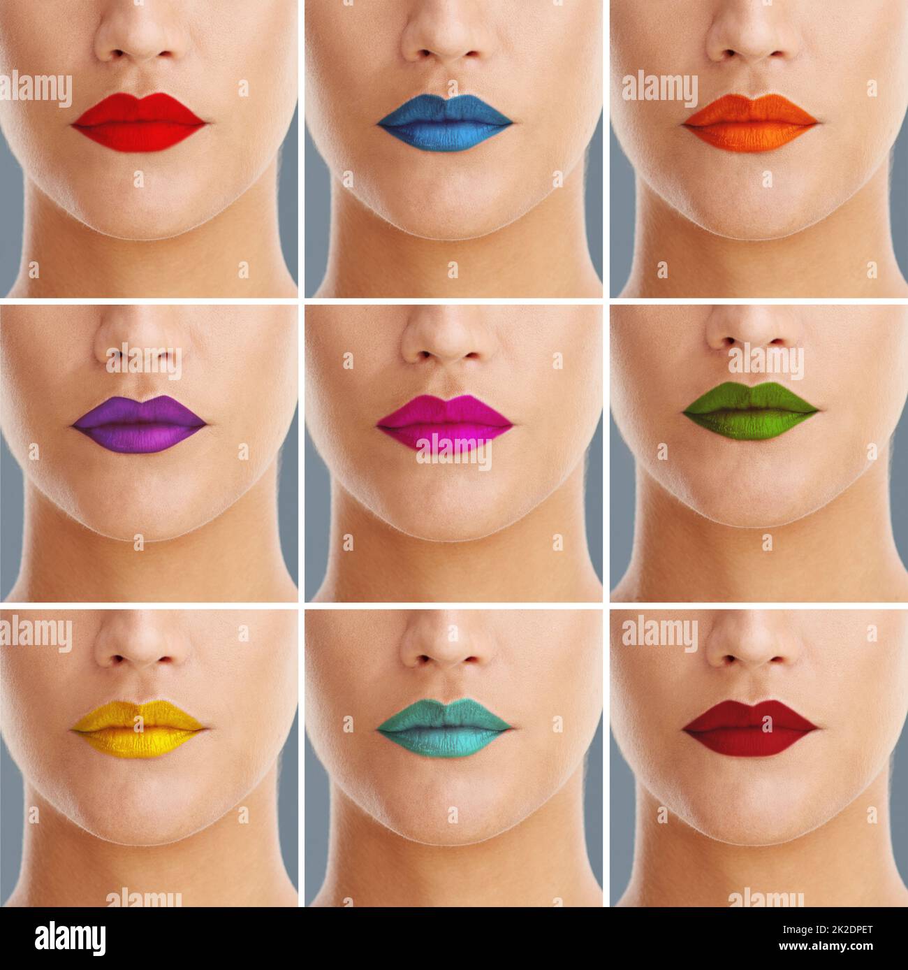 Malen Sie mir jede Farbe. Zusammengesetzte Aufnahme einer Frau, die eine Vielzahl von bunten Lippenstiften trägt. Stockfoto