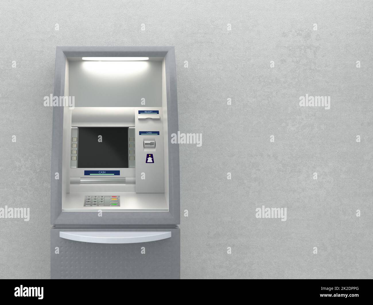 Geldautomat auf grauem Wandhintergrund 3D Abbildung Stockfoto