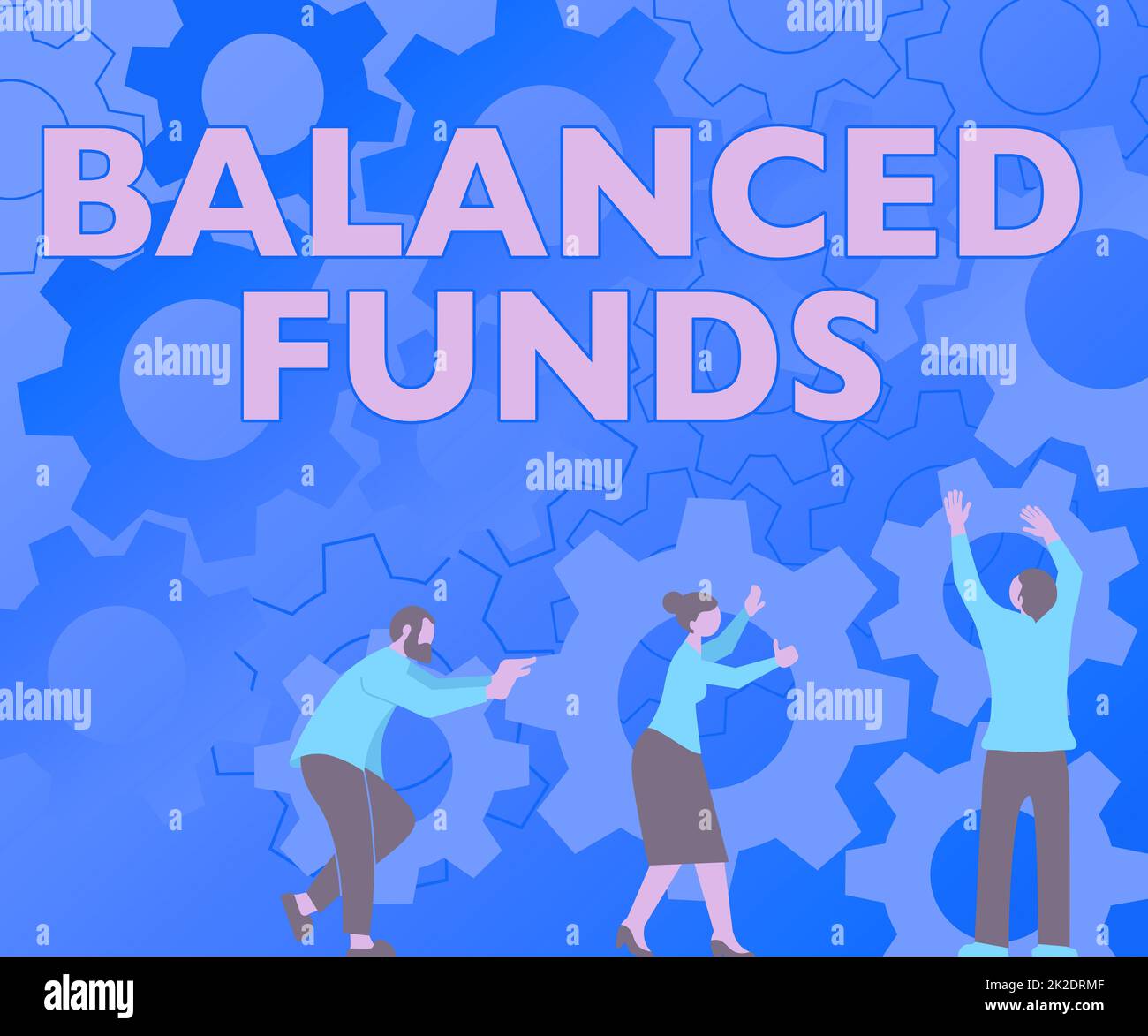 Handgeschriebener Text Balanced Funds. Business Showcase Hybrid Mutual Fund, der verschiedene Wertpapierkollegen mit Zahnrädern kombiniert, die neuen Workflow organisieren Teamwork erreichen. Stockfoto