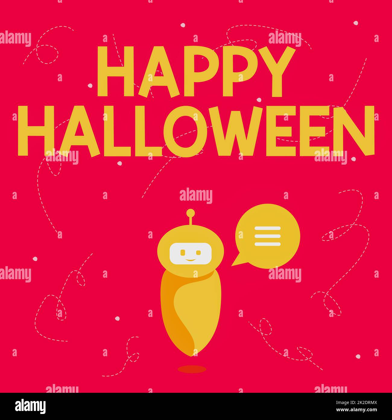Schild mit Happy Halloween. Geschäftsansatz Abend vor den christlichen heiligen Tagen des Allerheiligen Tages der süße schwimmende Roboter, der uns neue wunderbare Informationen in Einer Chat Cloud erzählt. Stockfoto