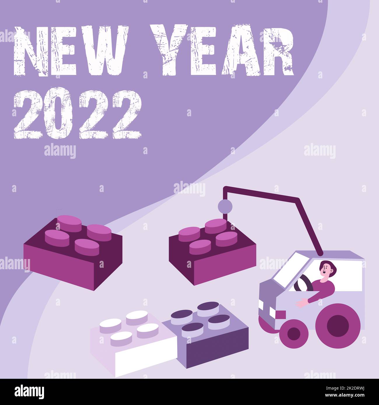 Konzeptüberschrift Neujahr 2022. Konzeptfoto Grußfeier Holiday Fresh Start Best Wishes man in Crane bewegt sich durch Blöcke und präsentiert neue Ideen. Stockfoto