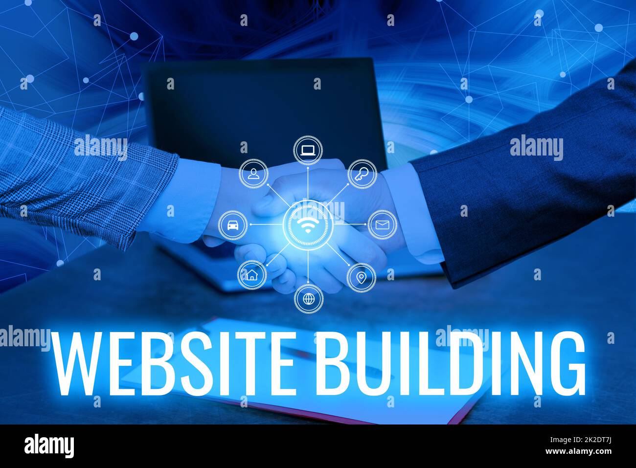 Konzeptionelle Bildunterschrift Website Building. Konzept Bedeutung Website Gebäude Hände schütteln Unterzeichnung Vertrag Entsperren neuer futuristischer Technologien. Stockfoto