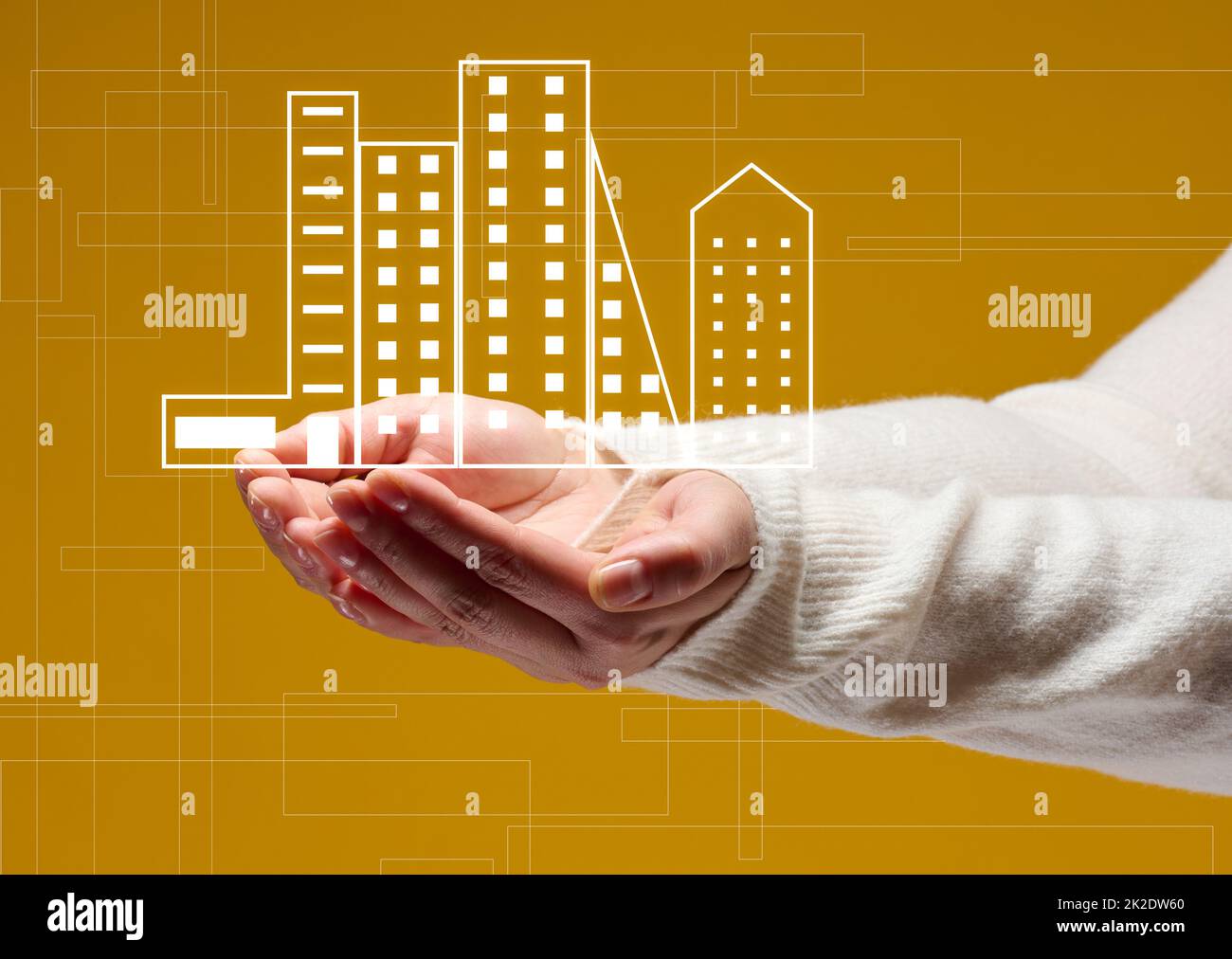 Zwei weibliche Palmen und ein Haus-Symbol auf gelbem Hintergrund. Immobilienversicherungskonzept, Sachschutz Stockfoto Zwei weibliche Palmen und ein Haus-Symbol auf gelbem Hintergrund. Immobilienversicherungskonzept, Sachschutz Stockfoto