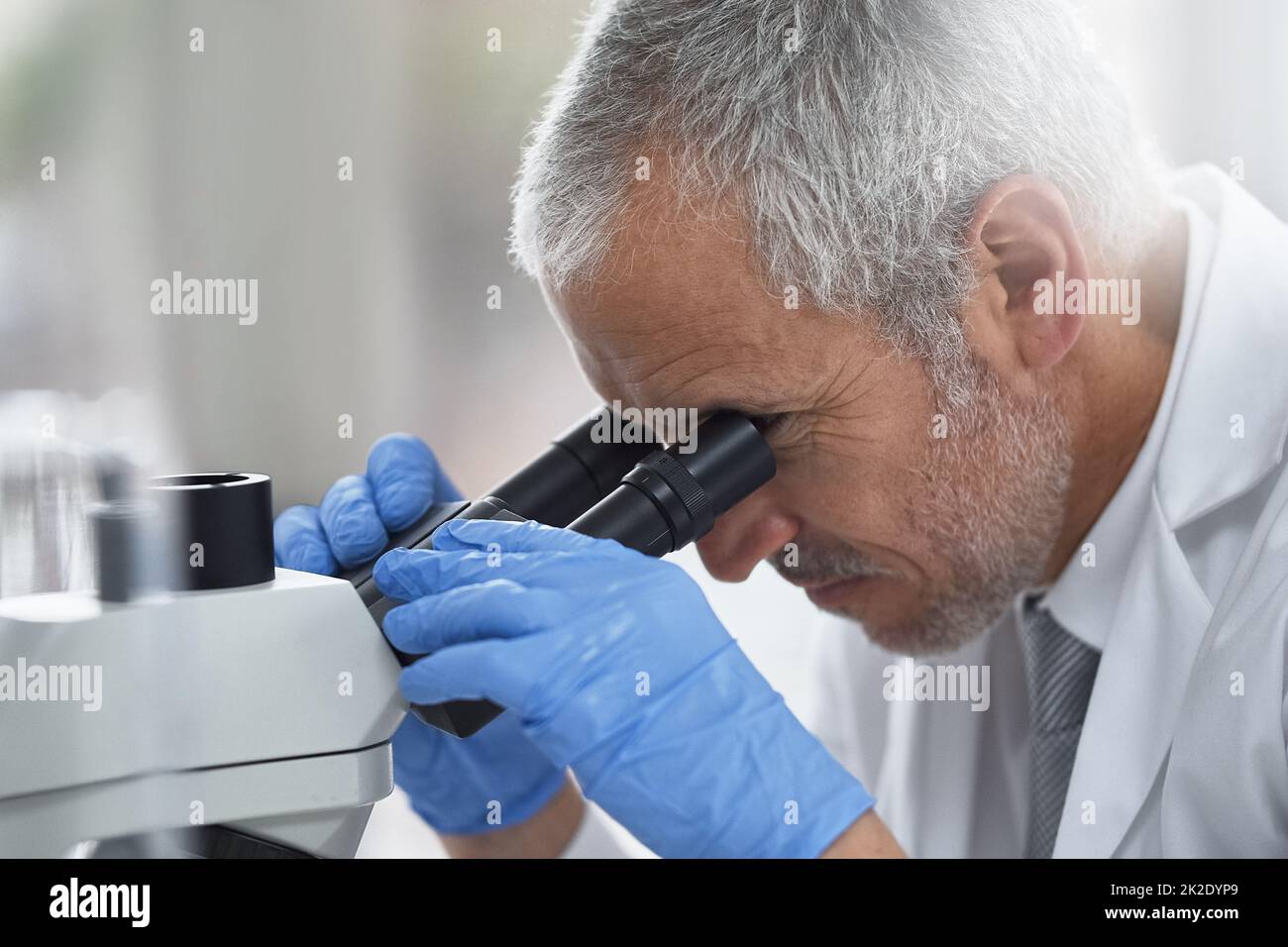 Fortschritte in den kleinen Dingen zu finden. Aufnahme eines wissenschaftlichen Forschers bei der Arbeit an einem Mikroskop in einem Labor. Stockfoto