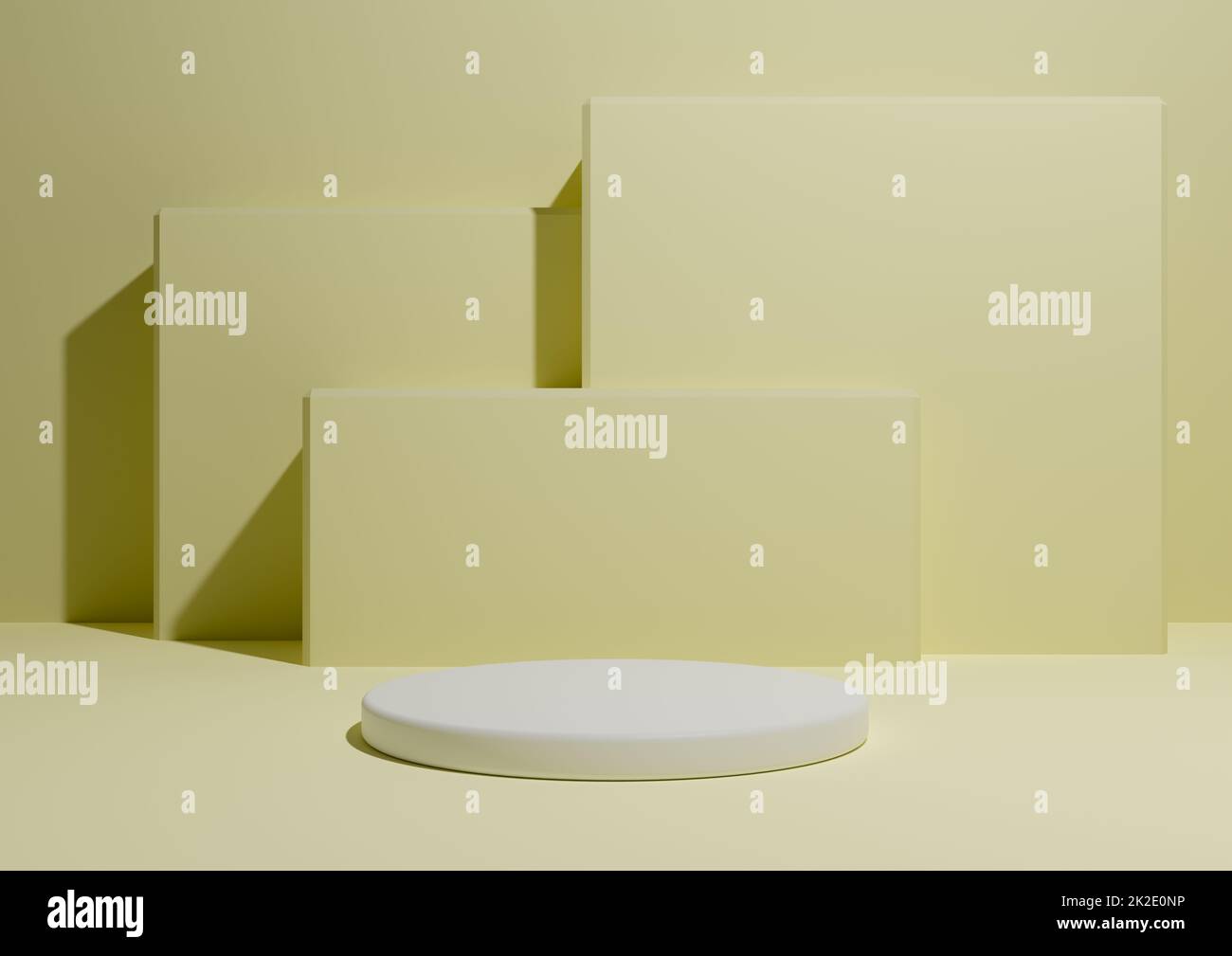 Pastellfarben, hell, Zitrusgelb, 3D-Darstellung eines einfachen, minimalistischen Hintergrunds mit einem Podium oder Ständer und geometrischen quadratischen Formen im Hintergrund. Stockfoto