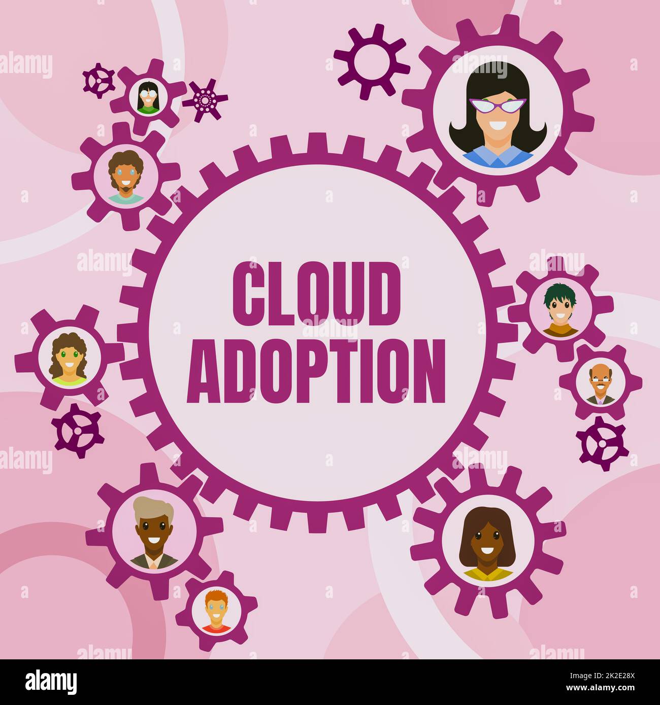 Conceptual Caption Cloud Adoption. Geschäftsübersicht strategischer Schritt von Unternehmen zur Kostensenkung und Risikominderung Mitarbeiter in Zahnrädern zeigen Definition von Teamwork Stockfoto