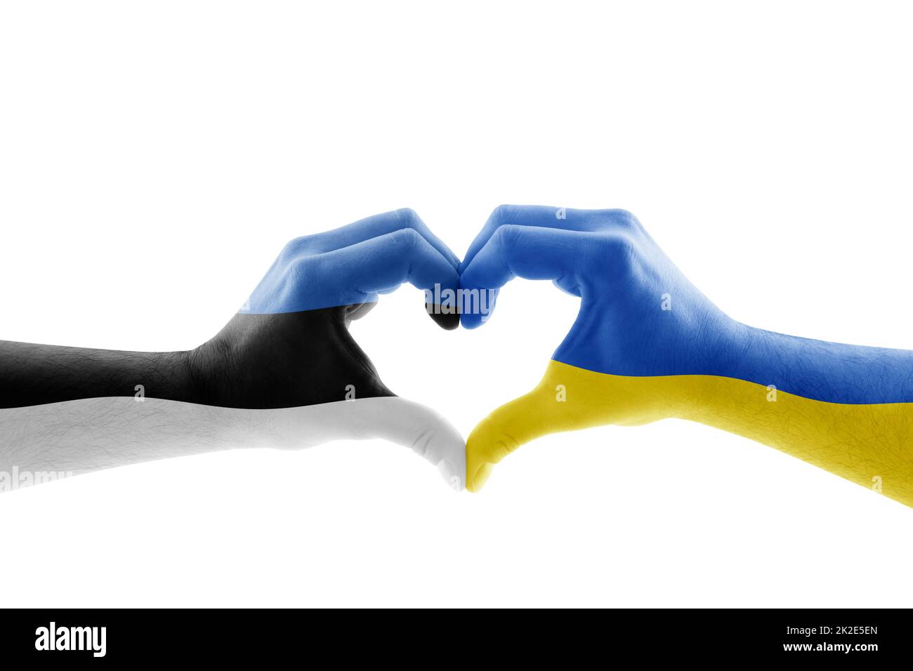 Zwei Hände in Herzform mit estnischer und ukrainischer Flagge isoliert auf weißem Hintergrund Stockfoto