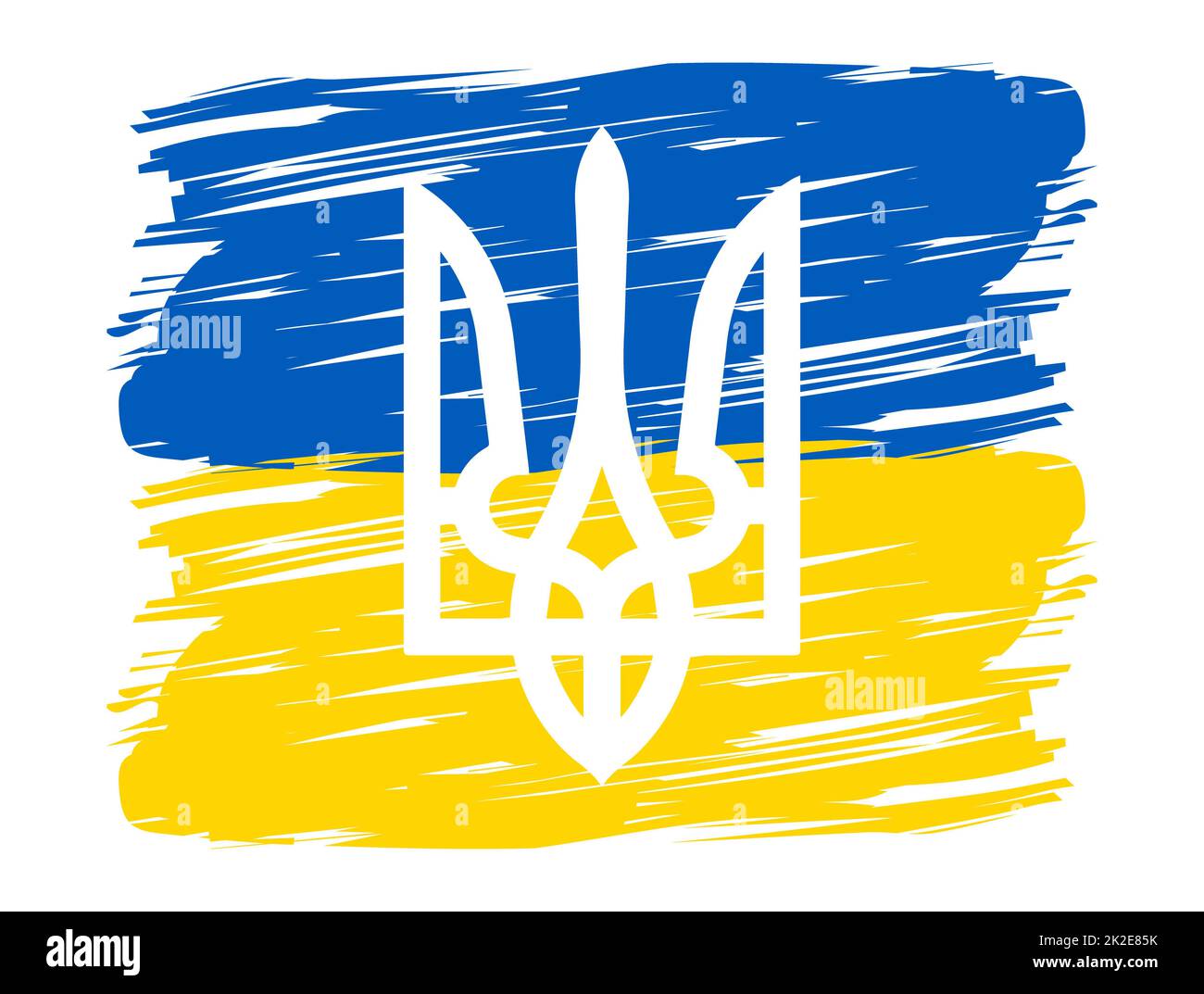 Trident auf dem Hintergrund der Nationalflagge. Konzept der ukrainischen und russischen Militärkrise, Konflikt zwischen der Ukraine und Russland. Unterstütze die Ukraine. "Kein Krieg in der Ukraine" -Vektorposter. Stockfoto