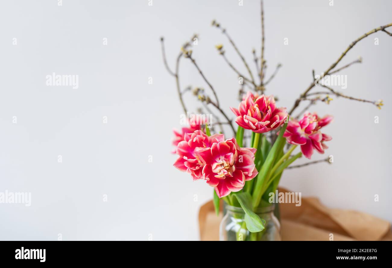 Ein wunderschönes Frühlingsstrauß aus Tulpen steht in einer Vase zusammen mit Frühlingszweigen. Überraschungskonzept, Geburtstag. Platz für eine Inschrift. Stockfoto