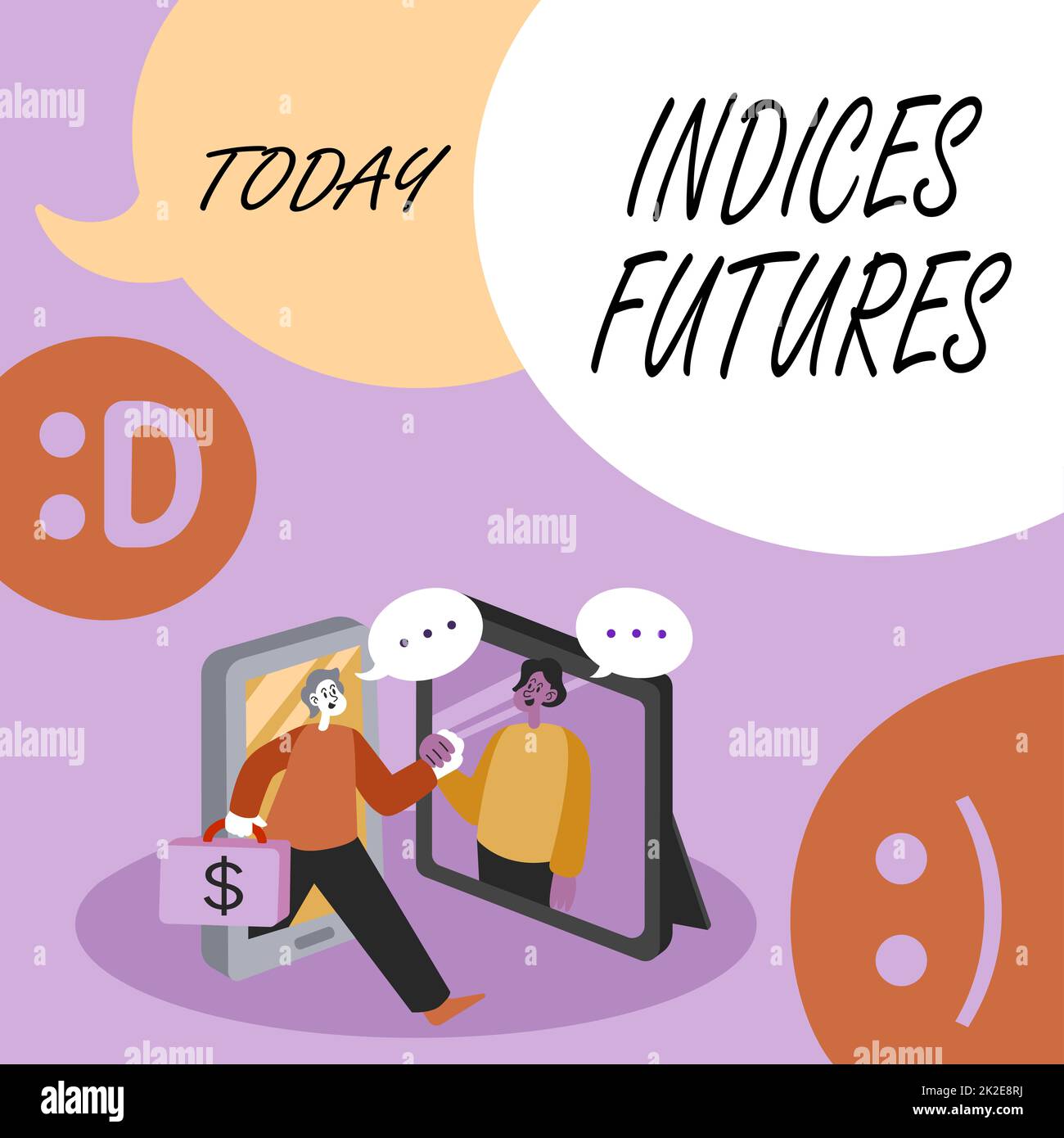 Text mit Inspirationsindizes Futures. Wort auf einem ausbezahlten Futures-Vertrag über den Wert einer Aktie geschrieben zwei Kollegen treffen sich online und diskutieren zukünftige Projektideen. Stockfoto