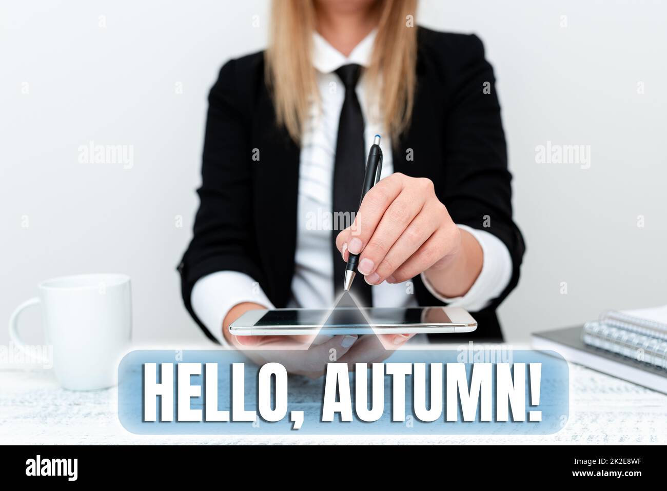 Handgeschriebenes Schild „Hello Autumn“. Man kann es nur so sagen: Es ist Sommer für Sommer, wenn Blätter von Bäumen fallen, Unternehmensdaten präsentieren und Unternehmensprobleme diskutieren Stockfoto