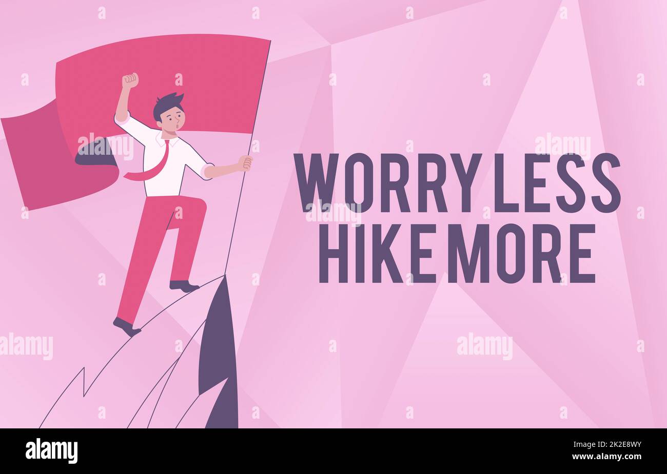 Textschild zeigt sorgenfreie Wanderung Mehr. Konzeptfoto Sorgenfrei Wandern Mehr Mann auf Einem Berg, der stolz auf seinen Klettererfolg in die Wolken zieht. Stockfoto