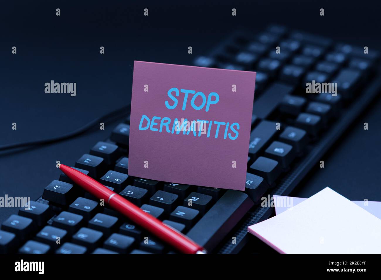 Inspiration mit dem Zeichen Stop Dermatitis. Das Wort, das darauf geschrieben wurde, endete mit Irritationen, die durch das Berühren von etwas verursacht wurden, das Programmplan, erneutes Eingeben und Debuggen von Programmzeichencodes Stockfoto