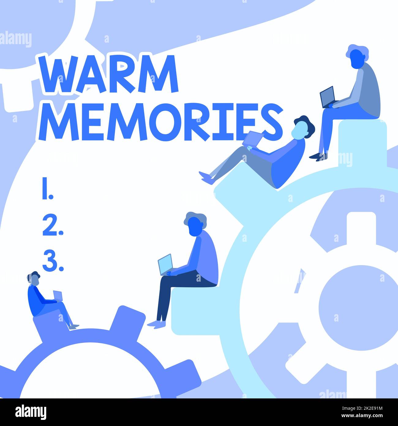 Textzeichen mit warmen Erinnerungen. Übersicht über das Unternehmen Warm Memories vier Teamkollegen zeichnen Sitzräder mit dem Laptop und zeigen den Fortschritt an. Stockfoto
