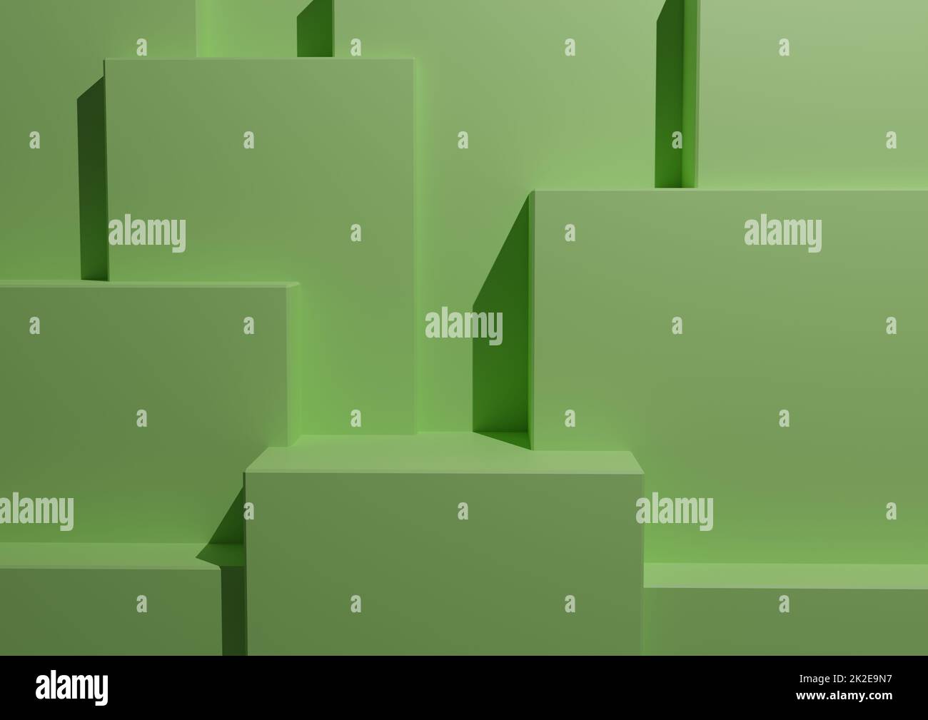 Minimales Licht, Pastelgrüner Hintergrund 3D Studio Mockup Szene mit Podien und Ebenen für die Produktanzeige und Präsentation. Geometrisches Horizontales Architektonisches Hintergrundbild. Stockfoto