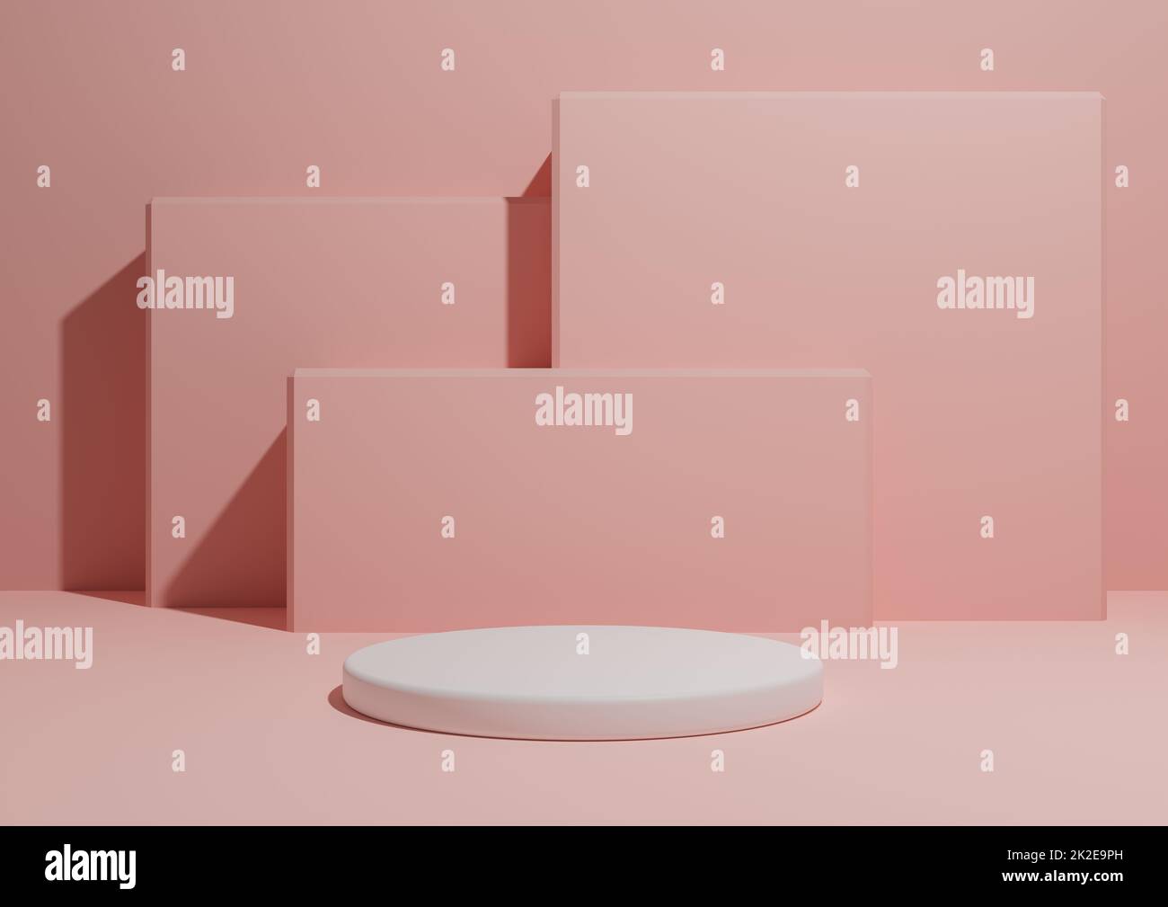 Pastellfarben, Hellrot, Lachs-Rosa, 3D-Darstellung eines einfachen, minimalistischen Hintergrunds mit einem Podium oder Ständer und geometrischen quadratischen Formen im Hintergrund. Stockfoto