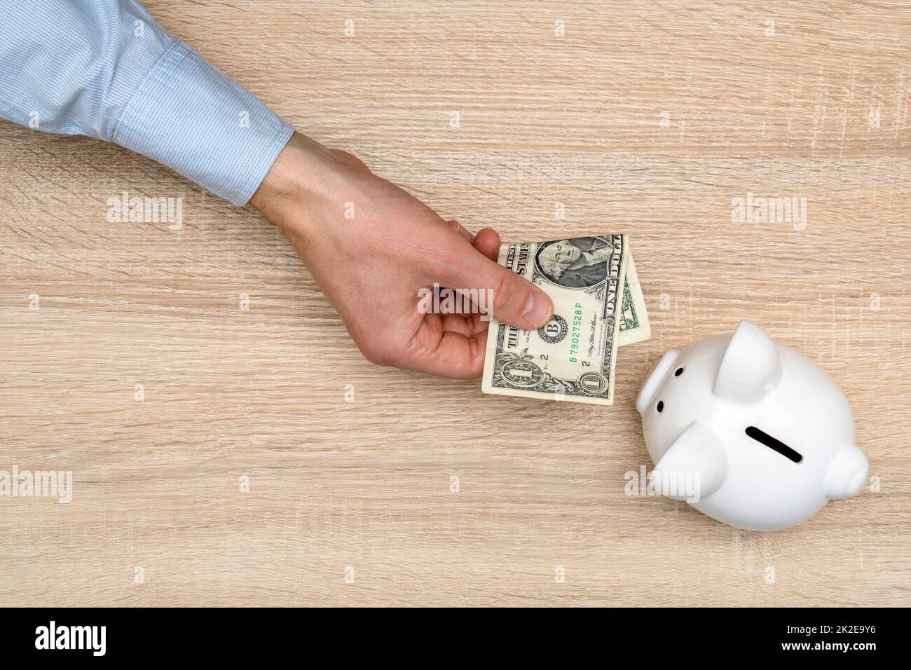 Eine Hand, Die Einen Dollarschein Für Piggy Bank Gibt Stockfoto