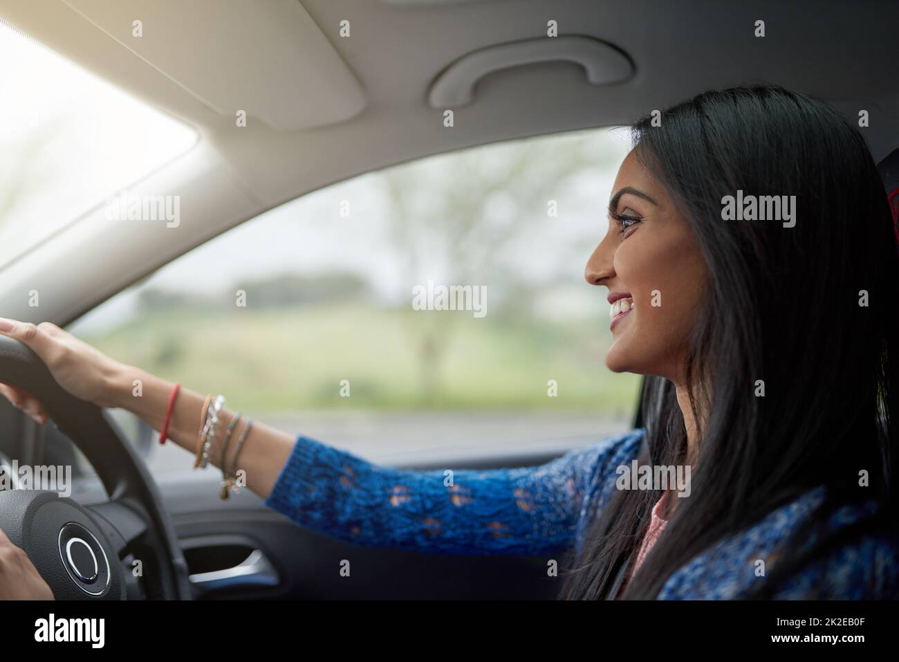 Die Unabhängigkeit ist ein großes Fahnmachen. Aufnahme einer attraktiven jungen Frau, die ihr Auto fährt. Stockfoto